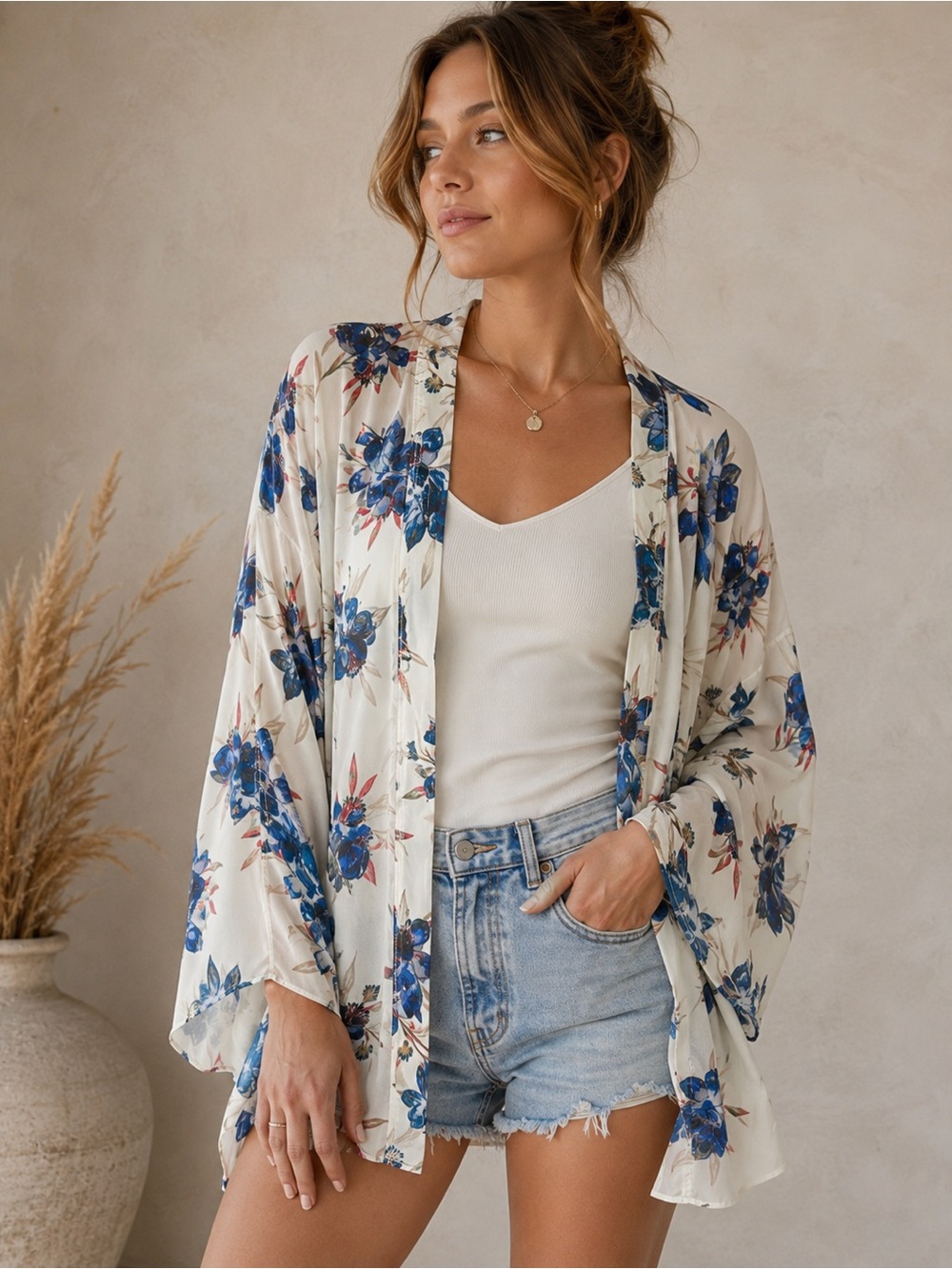 Talula Aritzia Blue Floral Kimono Open Front Cardigan Cover Up XXS/XS